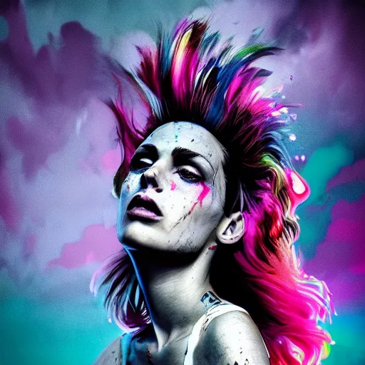 Image similar to splashes of neon clouds, mowhawk, punk women portrait made out of paint with rain in the background, trending on artstation, epic composition, emotional, beautiful, rendered in octane, highly detailed, realistic, tim burton comic book art, sharp focus, matte painting, unreal engine