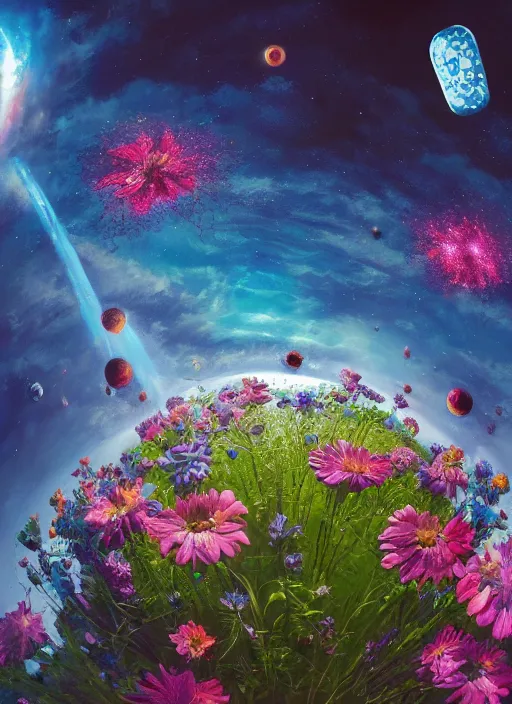 Prompt: An epic fantastic realism comic book style painting of the most beautiful flowers launched into space, bouquets, dark cosmos, fisheye lens, unreal 5, DAZ, hyperrealistic, octane render, dynamic lighting