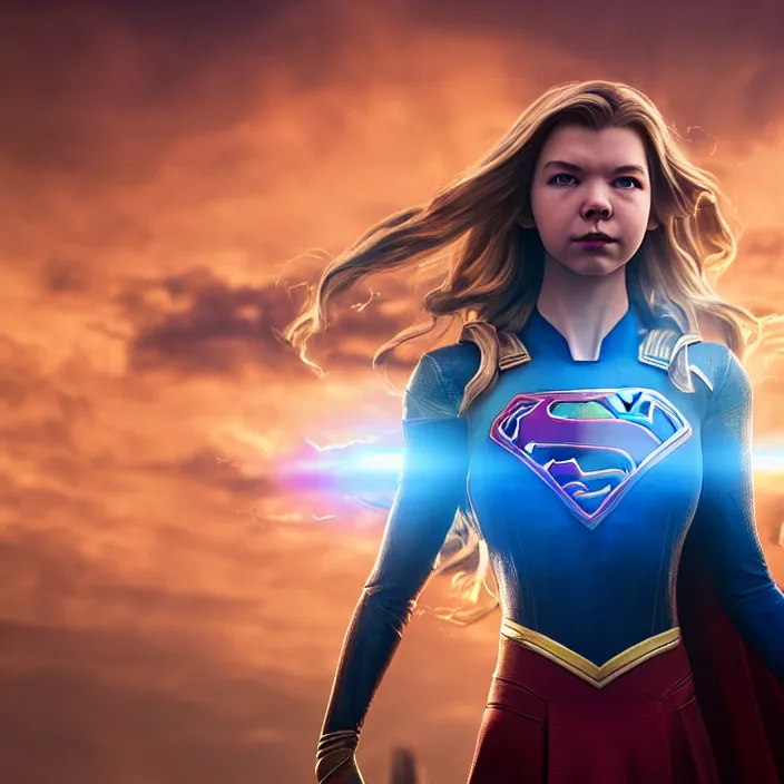 Prompt: anya taylor joy as supergirl. intricate abstract. intricate artwork. by tooth wu, wlop, beeple, dan mumford. octane render, trending on artstation, greg rutkowski very coherent symmetrical artwork. cinematic, hyper realism, high detail, octane render, 8 k, iridescent accents