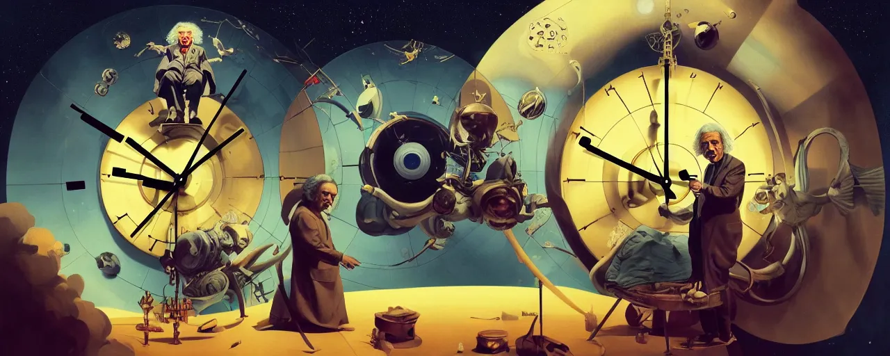 Image similar to duotone surreal illustration 3 / 4 portrait of albert einstein measuring time on salvadore dali clock in outer space. golden ratio accidental renaissance. by sachin teng and sergey kolesov and ruan jia and heng z. graffiti art, scifi, fantasy, hyper detailed. octane render. concept art. trending on artstation