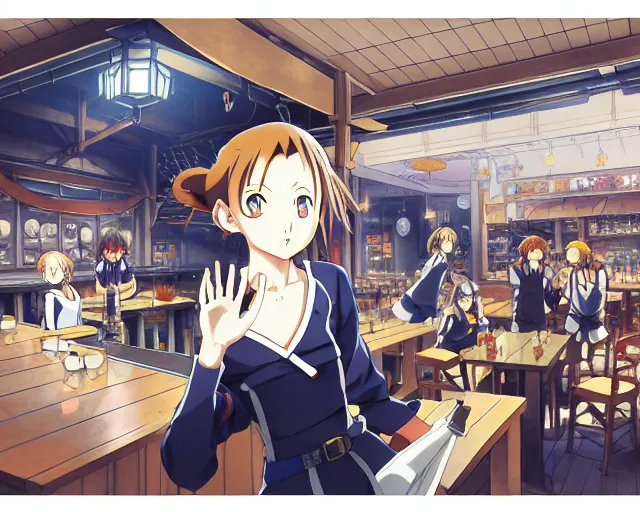 Prompt: anime visual, portrait of a young female walking through a busy tavern interior, face by yoh yoshinari, murata range, last exile, blue submarine no 6, dynamic pose, dynamic perspective, detailed silhouette, cel shaded anime