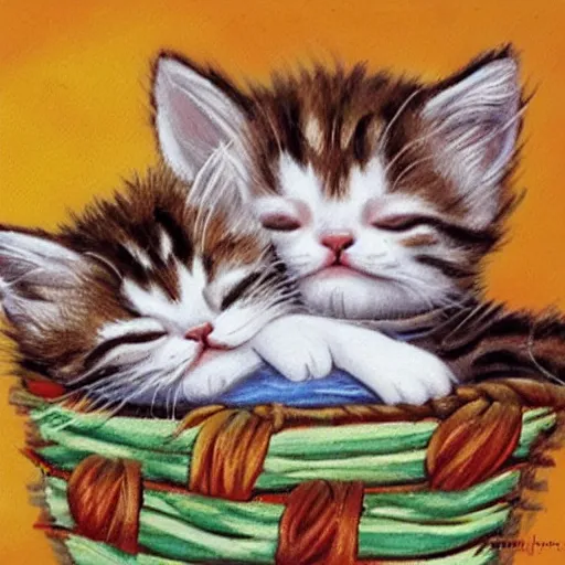 Image similar to two kittens sleeping in a basket, puffy paint, warm color palette, happy