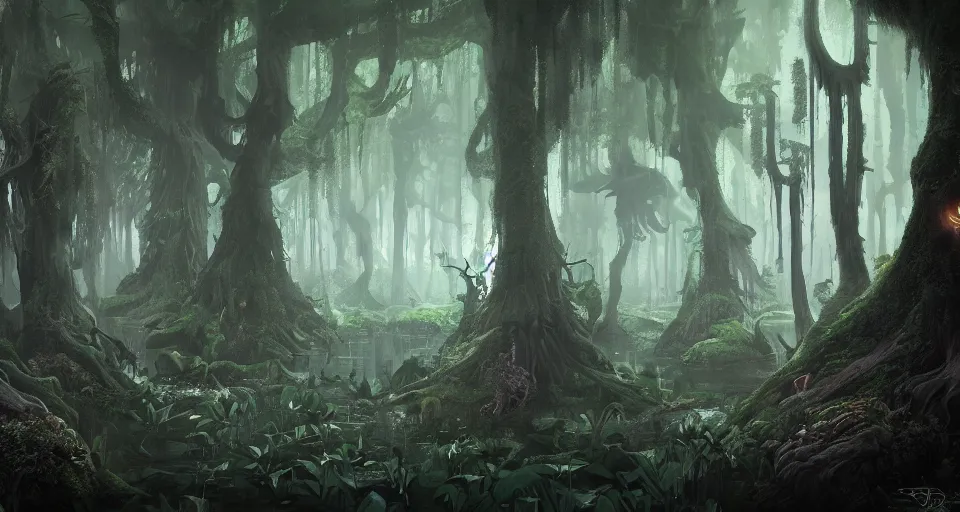 Prompt: A dense and dark enchanted forest with a swamp, by Blizzard Concept Artists