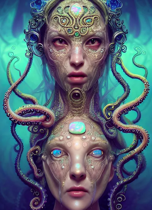 Prompt: A full shot of a cute magical monster Cryptid wearing an ornate dress made of opals and tentacles. Subsurface Scattering. Translucent Skin. Caustics. Prismatic light. defined facial features, symmetrical facial features. Opalescent surface. Soft Lighting. beautiful lighting. By Giger and Ruan Jia and Artgerm and WLOP and William-Adolphe Bouguereau and Loish and Lisa Frank. Sailor Moon. Masterpiece. trending on artstation, featured on pixiv, award winning, cinematic composition, dramatic pose, sharp, details, Hyper-detailed, HD, HDR, 4K, 8K.