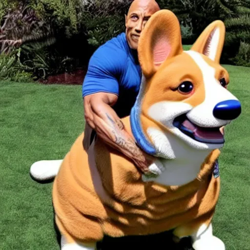 Prompt: photo of dwayne johnson riding a giant corgi, highly - detailed, sharp focus, award - winning