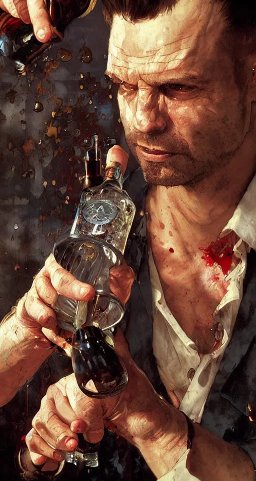 Image similar to close up of bloodied max payne pouring vodka, sun shining, photo realistic illustration by greg rutkowski, thomas kindkade, alphonse mucha, loish, norman rockwell.