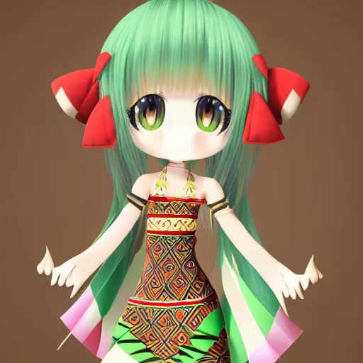 Image similar to cute fumo plush of a girl in a green and gold tribal patterned dress, stylized material bssrdf, cel shading, vray, anime girl