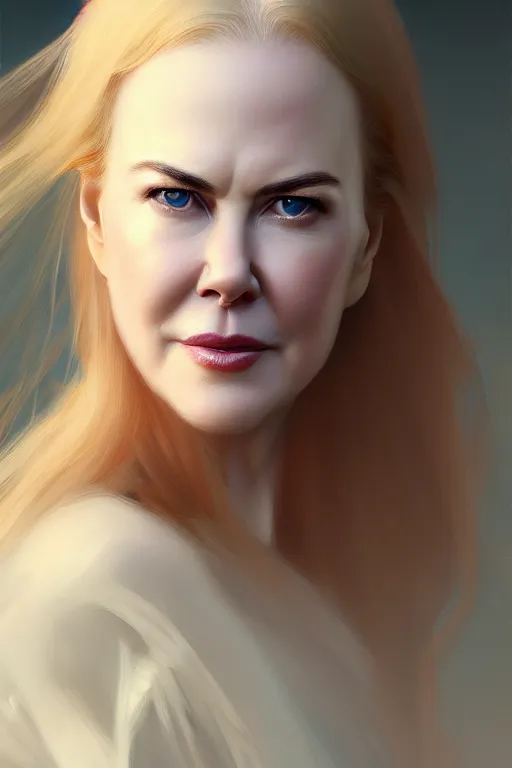 Image similar to ultra detailed close up facial portrait of nicole kidman, extremely detailed digital painting, in the style of fenghua zhong and ruan jia and jeremy lipking and peter mohrbacher, mystical colors, rim light, beautiful lighting, 8 k, stunning scene, raytracing, octane, trending on artstation