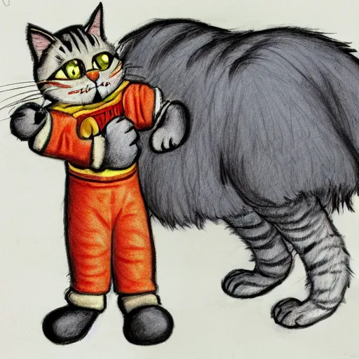 Image similar to person wearing a cat costume, anthropomorphic humanoid cat, extra fluffy Persian tabby cat standing on two feet, drawing by Don Bluth, colored pencil sketch with feathery lines, drawing by Yoshitaka Amano