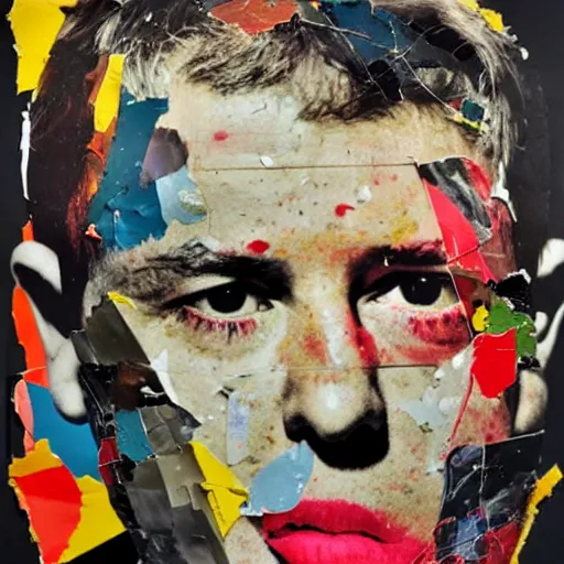 Image similar to a portrait a very ordinary person, by Mimmo Rotella, ripped, torn poster, abstract, vivid colors, flat bold color