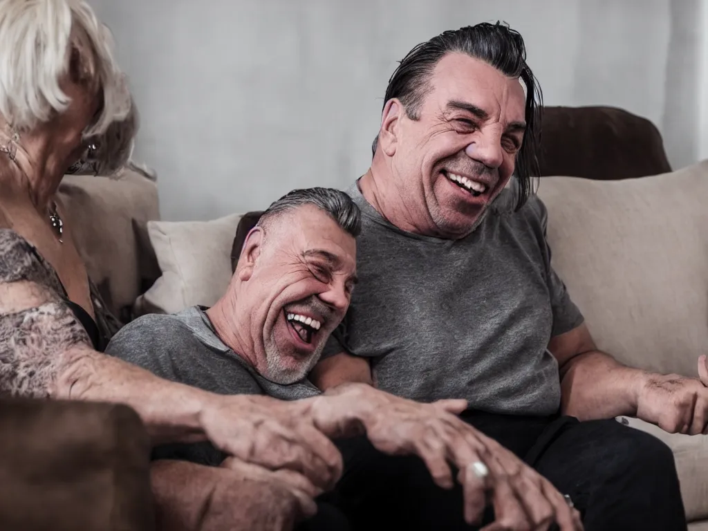 Image similar to close - up photo of a till lindemann sits on the couch with grandmother both laughing, natural lighting, wide lens, 4 k