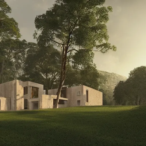 Image similar to beige rectangular house with big courtyard, roman villa, collumns, on a hill surrounded by big trees, dramatic lighting, artstation, matte painting, raphael lacoste, simon stalenhag, frank lloyd wright, zaha hadid, drone view