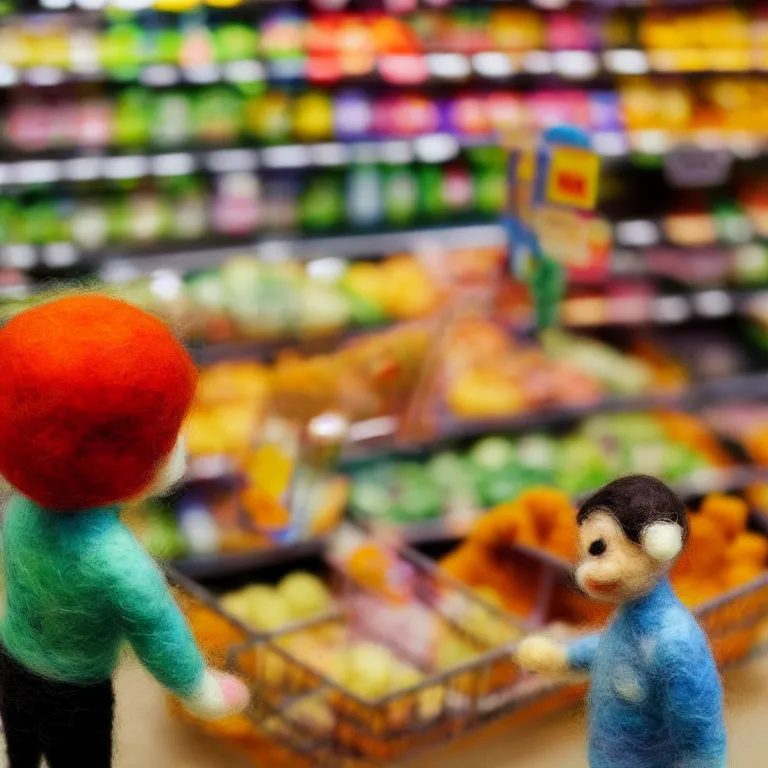 Prompt: needle felted person buying food at supermarket, highly detailed, tilt shift, cute, hyperrealism, highly textured, god rays