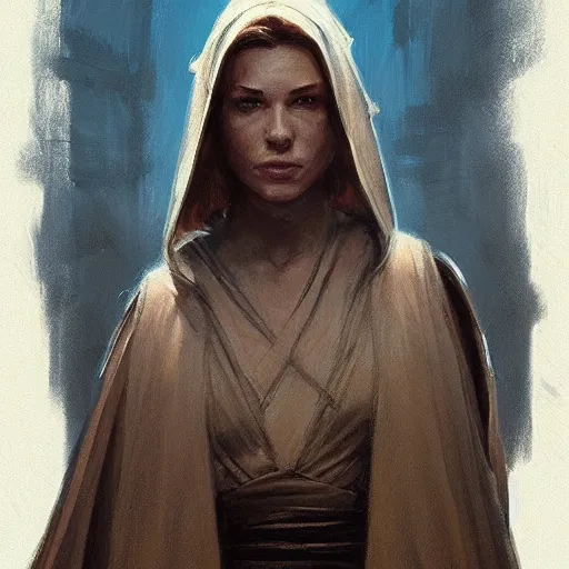 Image similar to portrait of a woman by greg rutkowski, jedi knight allana solo, straight brown hair, jedi robes, star wars expanded universe, she is about 2 0 years old, wearing jedi robes, highly detailed portrait, digital painting, artstation, concept art, smooth, sharp foccus ilustration, artstation hq