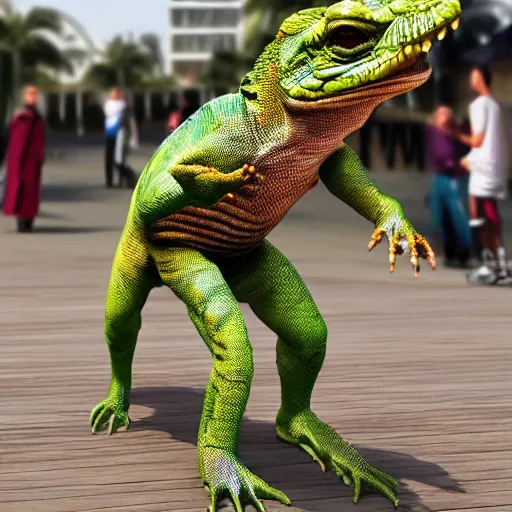 Image similar to High Resolution!! reptilian Tiktok Influencer dancing in Dubai, photorealistic, 8K, nofilter, hyperrealistic