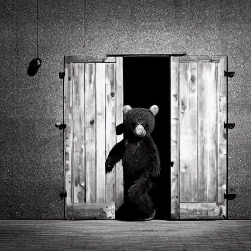 Image similar to dark photograph of a small bear mascot walking through a large wooden doorway