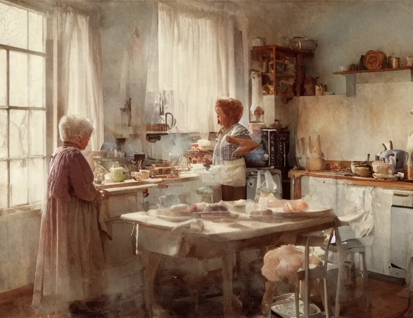 Image similar to grandmother cooking in a kitchen in country house, back view, cottage core, cinematic focus, polaroid photo bleached vintage pastel colors high - key lighting, soft lights, foggy, by steve hanks, by lisa yuskavage, by serov valentin, by tarkovsky, 8 k render, detailed, oil on canvas