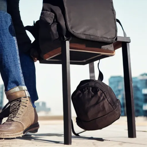 Prompt: photo a backpack is placed under a table