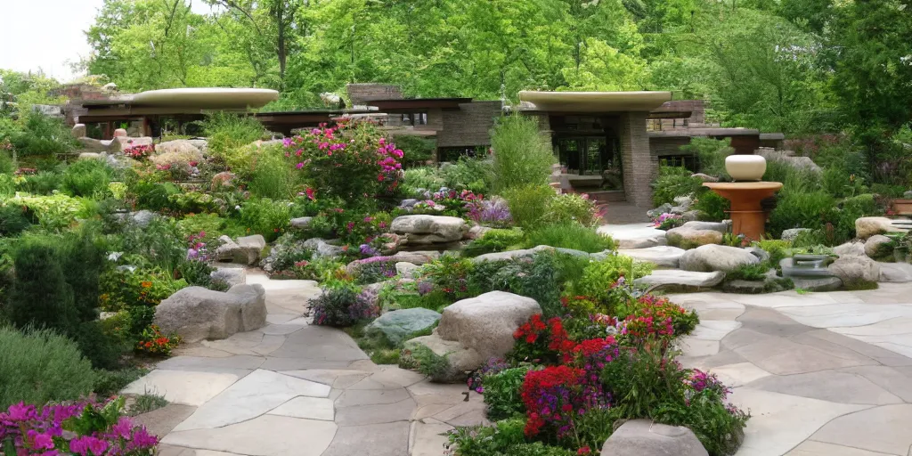 Prompt: small award winning patio designed by frank lloyd wright, with award winning stone work, lots of plants and flowers, on a sunny day, photo