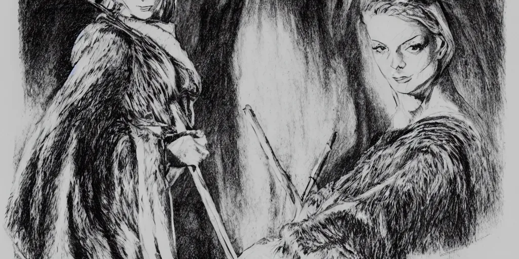 Prompt: a highly detailed ink drawing of deborah kerr in a hooded fur cloak and carrying a staff, mountain background, uhd, 8 k, black and white, by esteban maroto, by mark schultz, by jeff smith, by saatchi art, meni chatzipanagiotou, concept art, trending on artstation