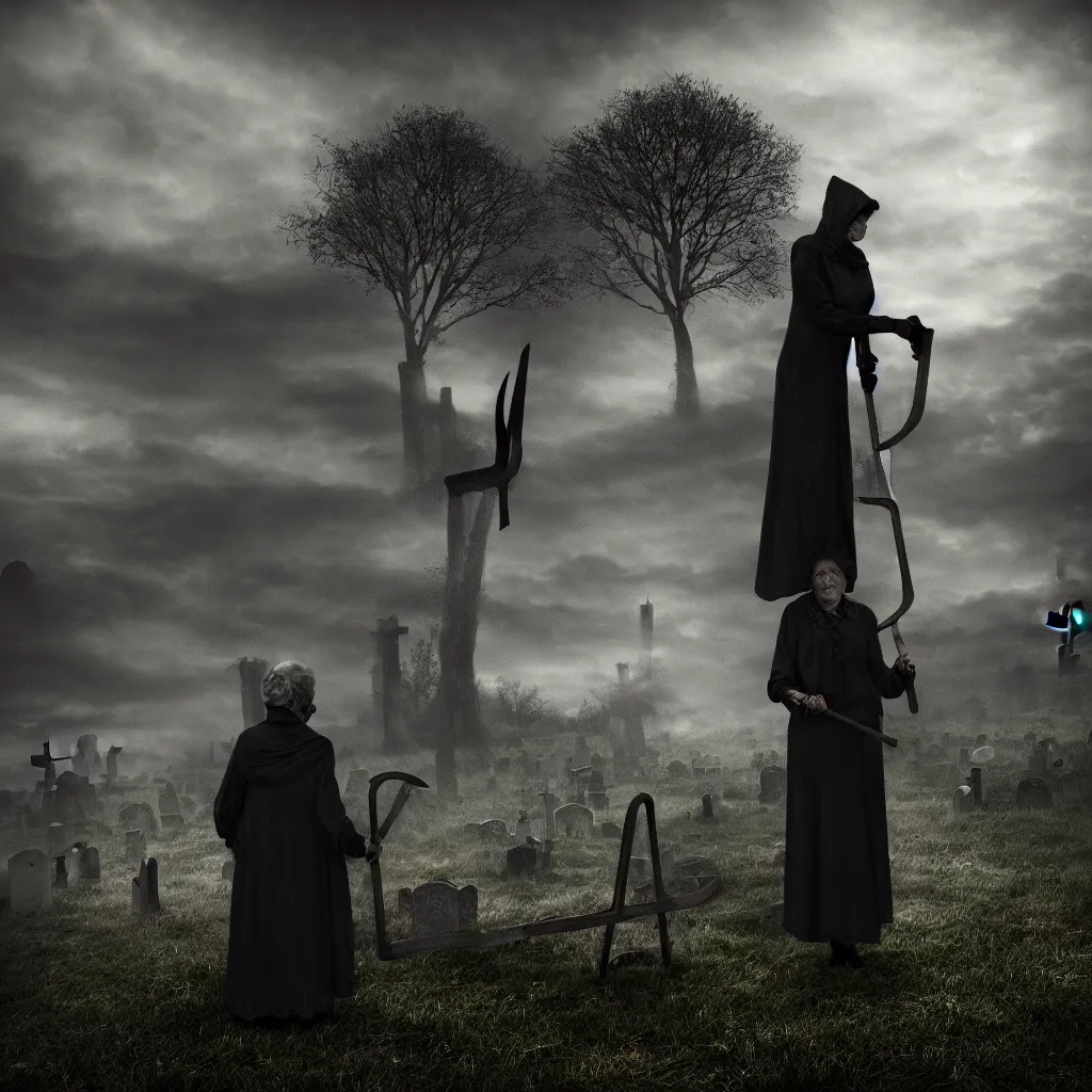 Prompt: old lady in the graveyard with a scythe, central composition, dark and mysterious, atmospheric, ominous, eerie, cinematic, 4k, ultra detail, ultra realistic