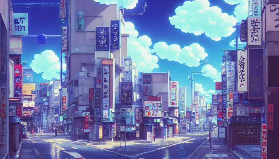 Image similar to A highly detailed digital art painting of Tokyo street, shimmering cloudy sky by Studio Ghibli, Makoto Shinkai, (((Makoto Shinkai))) by Artgerm, by beeple, volumetric lighting, octane render, 4K resolution, trending on artstation, masterpiece, vivid colours