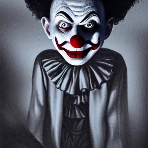 Image similar to a creepy clown waiting in the dark, concept art, shadows, painting, highly detailed