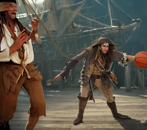 Prompt: still of davy jones playing basketball, pirates of the caribbean screenshot, movie still, photorealistic, cinematic lighting, daylight, deck of the ship, clean composition