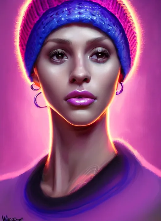 Image similar to portrait of vanessa morgan with bright pink hair, curly pixie cut hair, wearing a purple breton cap, breton cap, hoop earrings, intricate, elegant, glowing lights, highly detailed, digital painting, artstation, concept art, smooth, sharp focus, illustration, art by wlop, mars ravelo and greg rutkowski