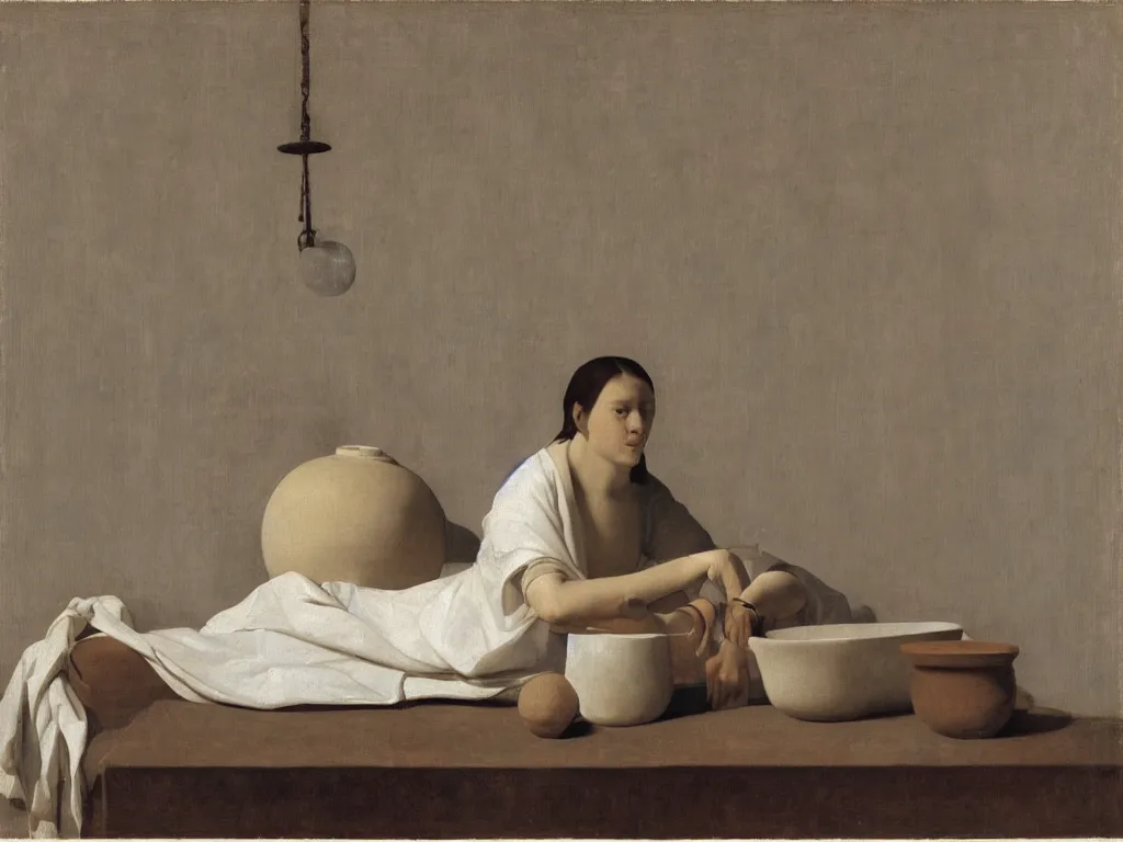 Image similar to Portrait of a woman in the bathtub with amphora, white cloth and crane. Still life. White Opal, marble teracotta. Painting by Zurbaran, Hammershoi, Morandi