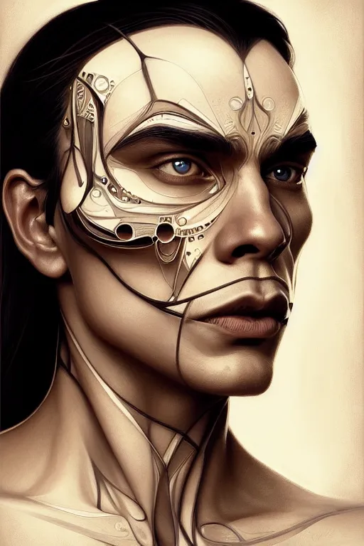 Prompt: symmetry!! portrait of zahn mcclarnon, machine parts embedded into face, intricate, elegant, highly detailed, digital painting, artstation, concept art, smooth, sharp focus, illustration, art by artgerm and greg rutkowski and alphonse mucha, 8 k