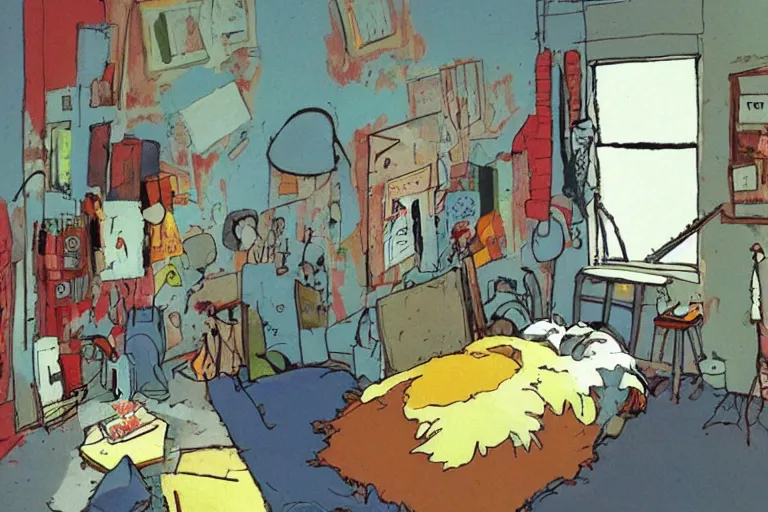 Image similar to messy bedroom, style of studio ghibli + moebius + basquiat, cute,