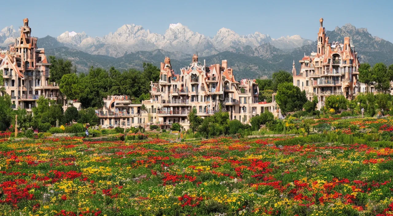 Prompt: a manor designed by Antoni Gaudí, with flower fields as foreground, with mountains as background