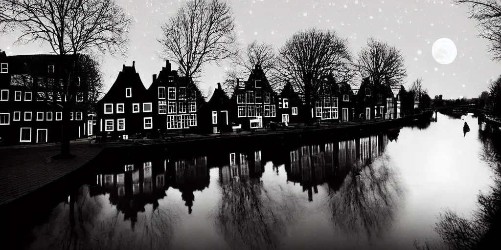 Image similar to Dutch houses along a river, silhouette!!!, Circular white full moon, black sky with stars, lit windows, stars in the sky, b&w!, Reflections on the river, a man is punting, flat!!, Front profile!!!!, (high contrast), HDR, soft!!, street lanterns, 1904, illustration, shadowy figures