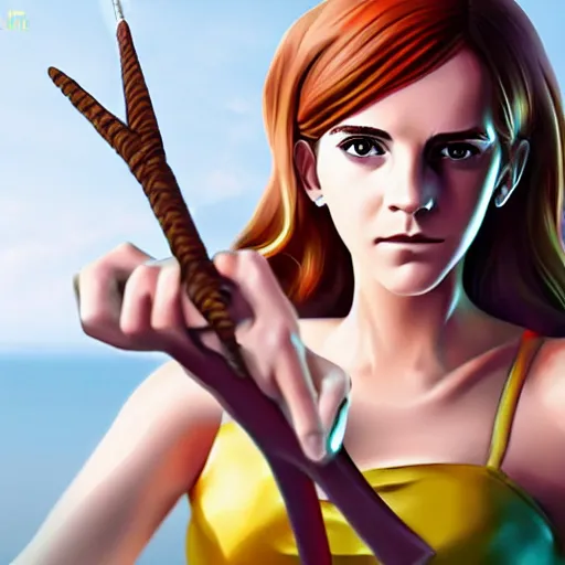 Image similar to A full body portrait of emma watson as Nami from one piece holding a trident in one hand, 3d, trending artstation