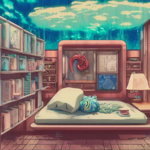 Image similar to anime background of the interior of an underwater microapartment, a loft bed, book case, computer desk, various coral seashells overtaking it, nostalgia, vaporwave, litter, steampunk, cyberpunk, water caustics, anime, vhs distortion, dynamic shot, cinematic, letterbox, and an overall mermaid aesthetic, art created by miyazaki