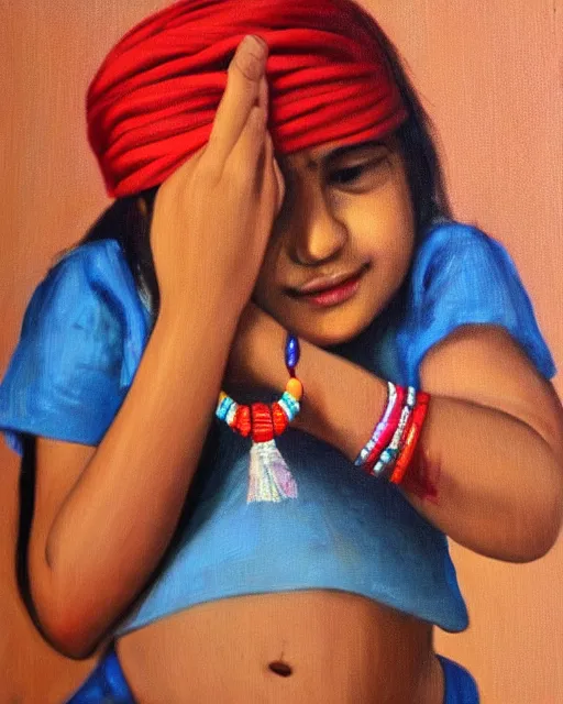 Prompt: oil on canvas of a girl tying a red bracelet around wrist of her brother. happy. colorful. detailed. happy. cute. raksha bandhan