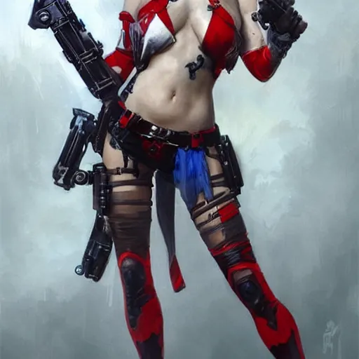 Image similar to portrait of Harley Quinn in bikini armor, dc comics, cyberpunk, Warhammer 40000, dark fantasy, digital art from artstation by Ruan Jia and Mandy Jurgens and Artgerm and william-adolphe bouguereau