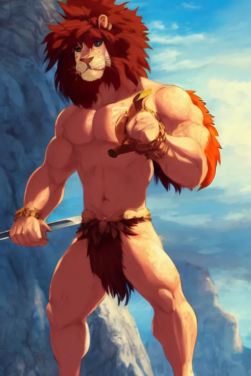 Image similar to muscular lion barbarian wearing a holding a sword, fursona, anthro, male, anime key visual, detailed orange fur, loincloth, makoto shinkai, portrait