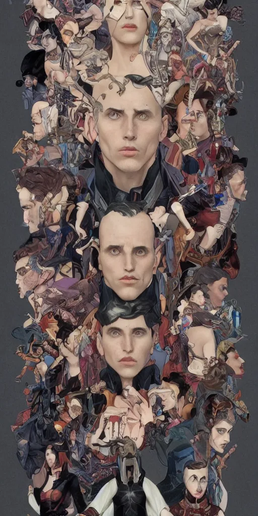 Image similar to Bauhaus portrait of The Umbrella Academy, superhero, intricate, surrealism background, symmetrical duality, hyperrealistic faces, beautiful face, highly detailed, digital painting, artstation, concept art, smooth, sharp focus, illustration, art by artgerm and greg rutkowski and alphonse mucha and Hajime Sorayama, inspired by alexander fedosov