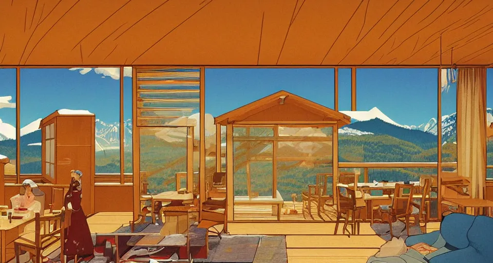 Image similar to log cabin beneath the alps, lofi art style, hiroshi nagai