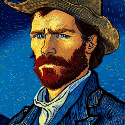 Prompt: Arthur Morgan (from Red Dead Redemption 2) in the style of Vincent Van Gogh, masterpiece digital painting, 4k wallpaper, intricate detail, beautiful, gorgeous, stunning, artstation