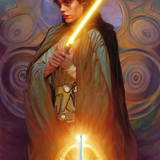 Prompt: Riley Reid as Luke Skywalker, cast holy light, drawn by Donato Giancola and Jon Foster, frank frazetta, alphonse mucha, background by James Jean and gustav klimt, 4k, volumetric lighting, trending on artstation, hyperrealistic