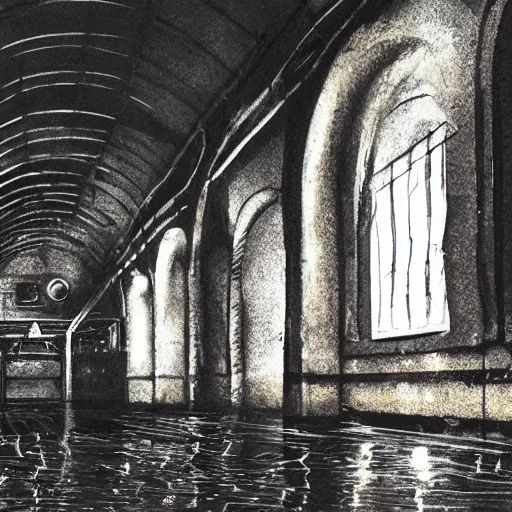 Prompt: down in the sewers of london, dark damp atmosphere, water dripping from the moss covered ceiling