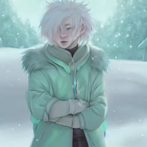 Image similar to aesthetic portrait commission of a albino male furry anthro cute wolf wearing a cute mint colored cozy soft pastel winter outfit, winter Atmosphere. Character design by charlie bowater, ross tran, artgerm, and makoto shinkai, detailed, inked, western comic book art, 2021 award winning painting