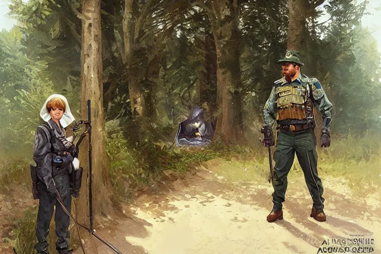 Image similar to border guards surprised to discover eu flag behind the trees, realistic painting, symmetrical, highly detailed, digital painting, artstation, concept art, smooth, sharp focus, illustration, cinematic lighting, art by artgerm and greg rutkowski and alphonse mucha