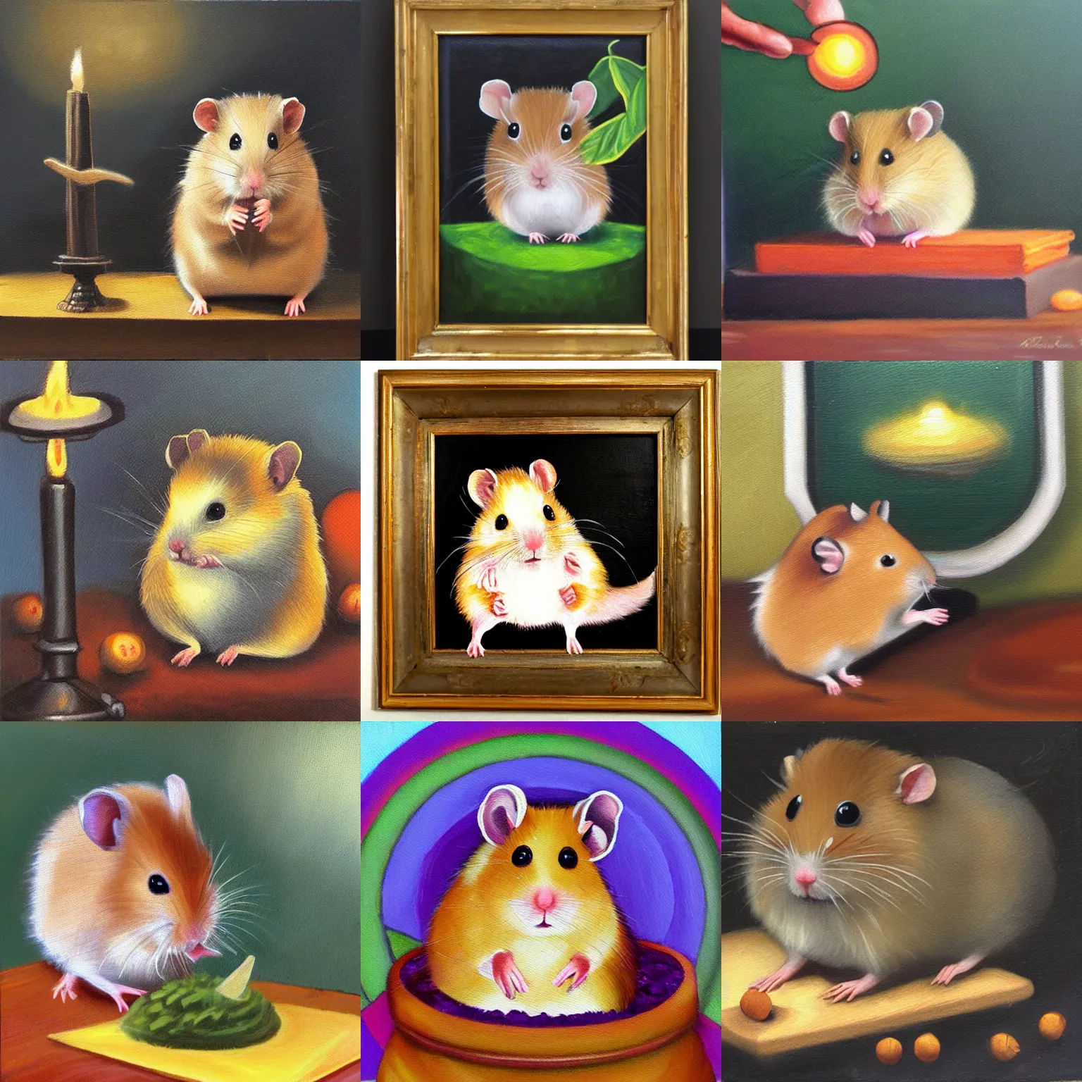 Prompt: hamster doing witchcraft oil painting