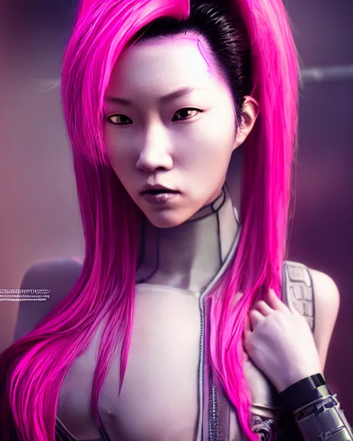 Image similar to portrait of a beautiful asian woman with pink hair as a cyberpunk cyborg half robot, sci - fi, missing panels, intricate abstract upper body intricate artwork, concept art, octane render, deviantart, cinematic, key art, hyperrealism, iridescent accents, portrait photograph, nikon 3 5 mm, photograph by greg rutkowski