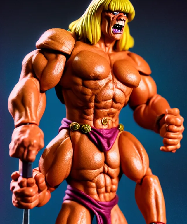 Image similar to hyperrealistic rendering, he - man by art of skinner and richard corben and jeff easley, product photography, action figure, sofubi, studio lighting, colored gels