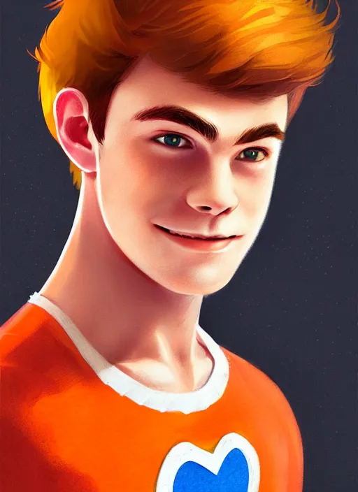 Image similar to friendly teenage archie andrews wearing an orange superhero costume with heart logo, freckles, superhero costume, heart emblem on chest, cape, intricate, elegant, glowing lights, highly detailed, digital painting, artstation, sharp focus, illustration, art by wlop, mars ravelo and greg rutkowski